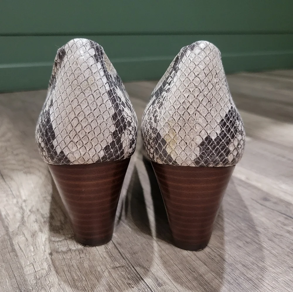 Vionic Snake-Print Peep Toe Wedge in Black and Cream